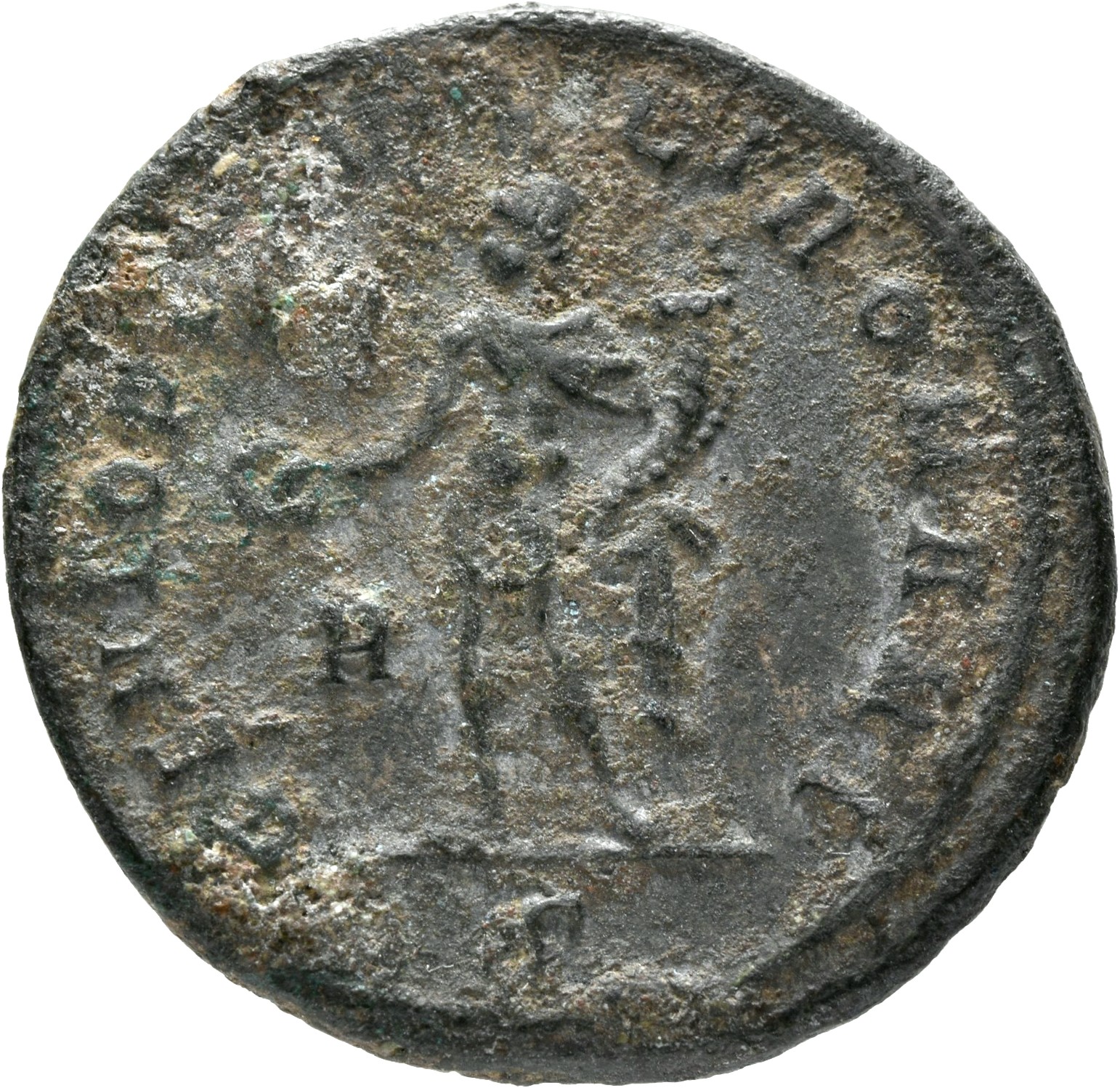RIC VI Rome 63 Maximian reverse, Genius, wearing modius, nude, chlamys draped over left shoulder, standing left, holding p...