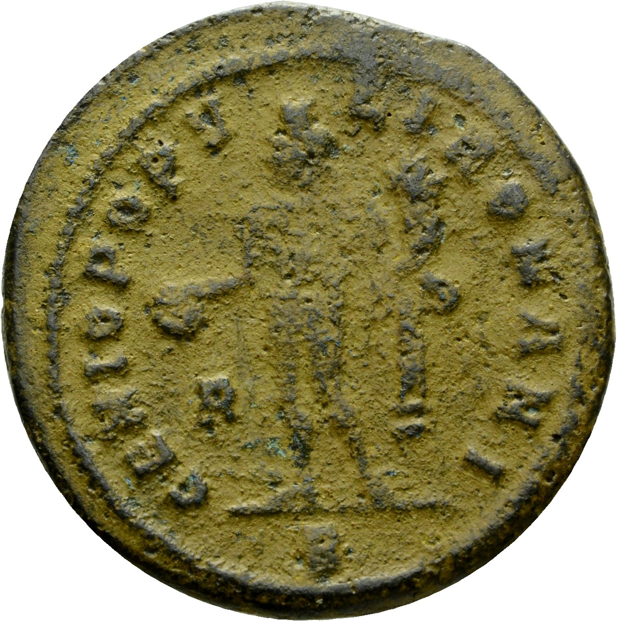 RIC VI Rome 64a Maximian reverse, Genius, wearing modius, nude, chlamys draped over left shoulder, standing left, holding ...