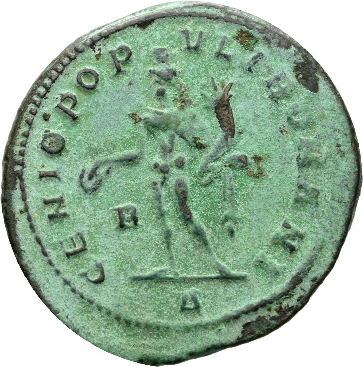 RIC VI Rome 64a Maximian reverse, Genius, wearing modius, nude, chlamys draped over left shoulder, standing left, holding ...