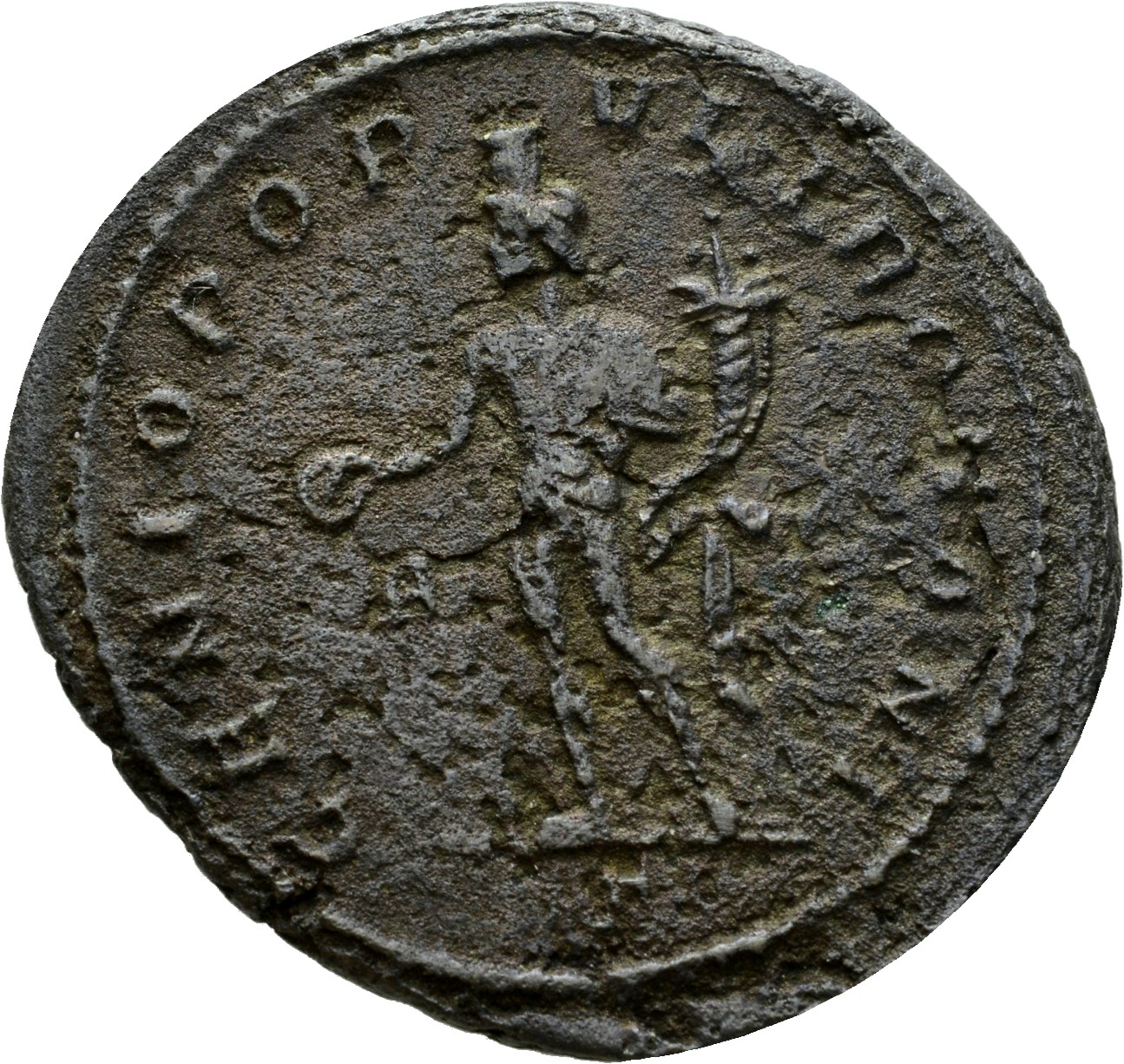 RIC VI Rome 66a Maximian reverse, Genius, wearing modius, nude, chlamys draped over left shoulder, standing left, holding ...