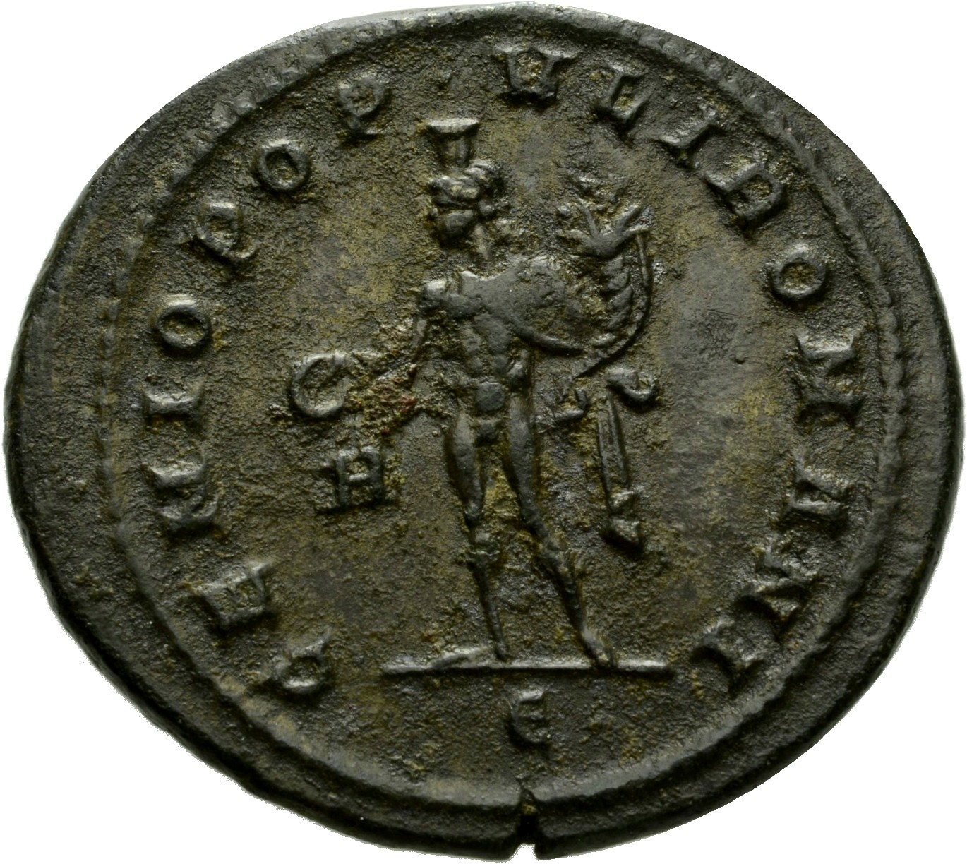 RIC VI Rome 66a Maximian reverse, Genius, wearing modius, nude, chlamys draped over left shoulder, standing left, holding ...