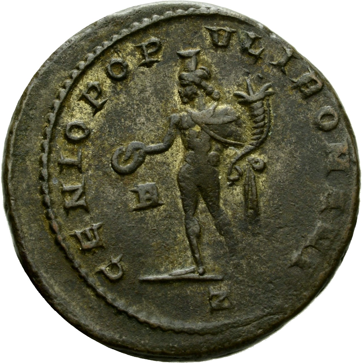 RIC VI Rome 66b Maximian reverse, Genius, wearing modius, nude, chlamys draped over left shoulder, standing left, holding ...