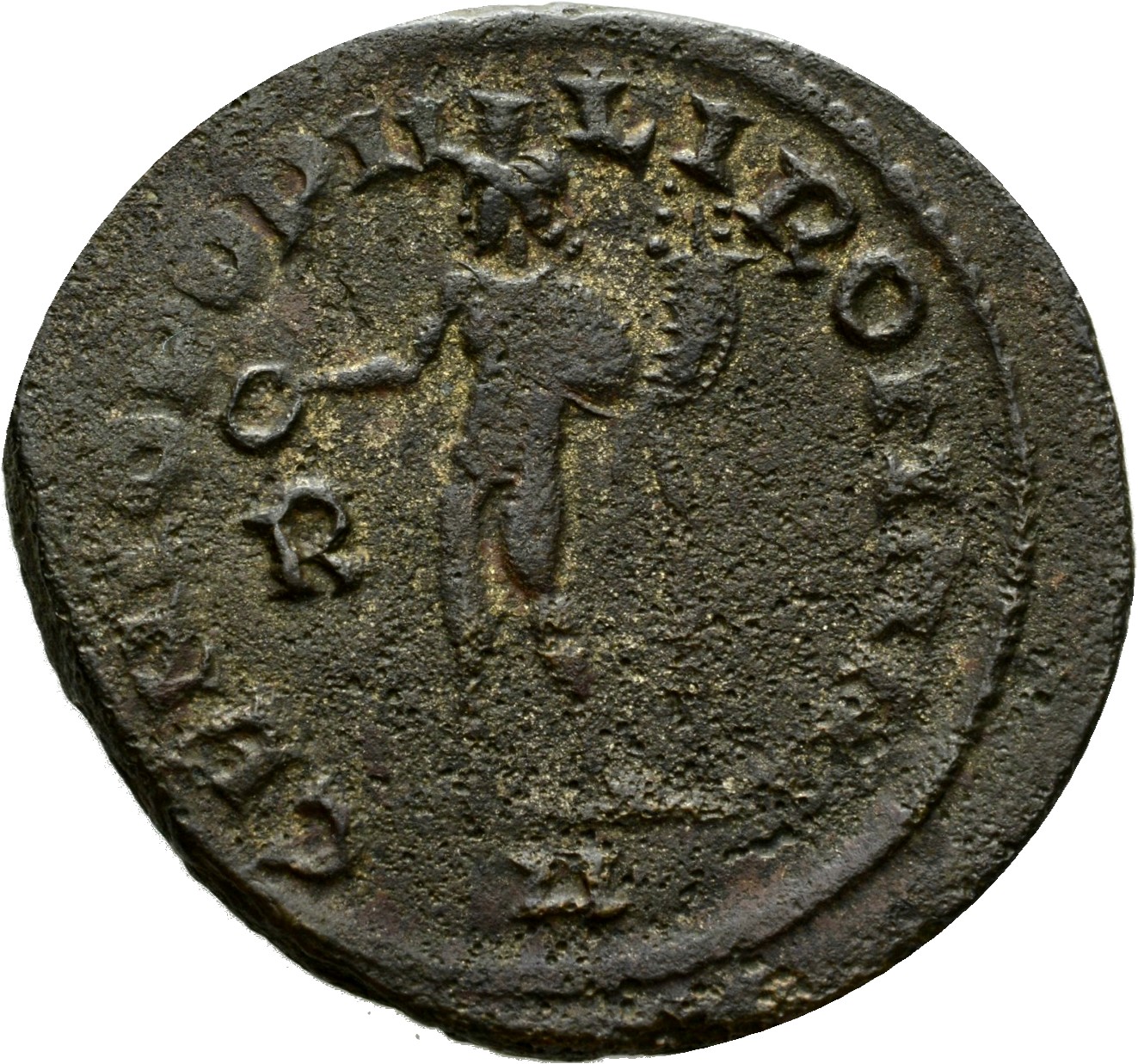 RIC VI Rome 67b Maximian reverse, Genius, wearing modius, nude, chlamys draped over left shoulder, standing left, holding ...