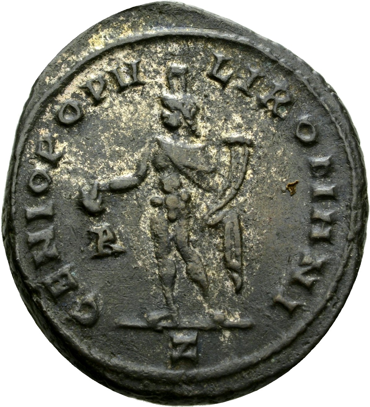 RIC VI Rome 67b Maximian reverse, Genius, wearing modius, nude, chlamys draped over left shoulder, standing left, holding ...