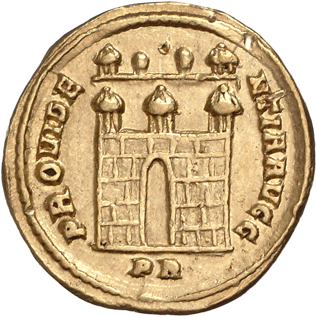 RIC VI Rome 6b Maximian reverse, Camp gate, doors open, three turrets in front; behind, two small turrets between two towers