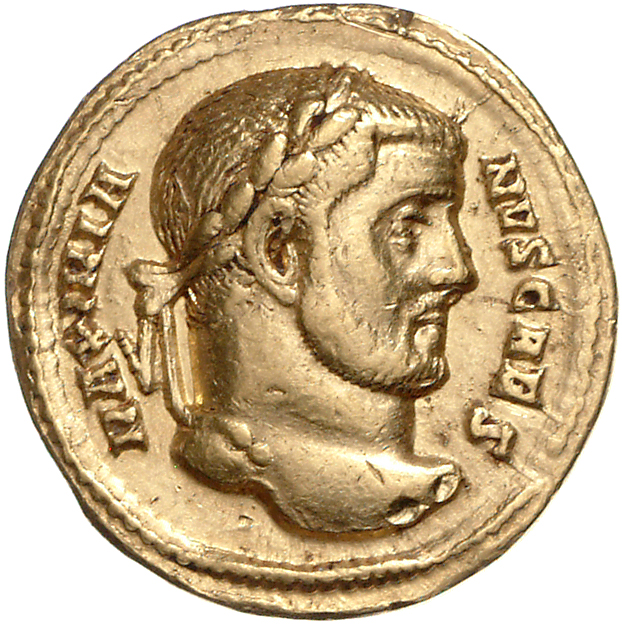 RIC VI Rome 6b Maximian obverse, Head of Galerius, laureate, right