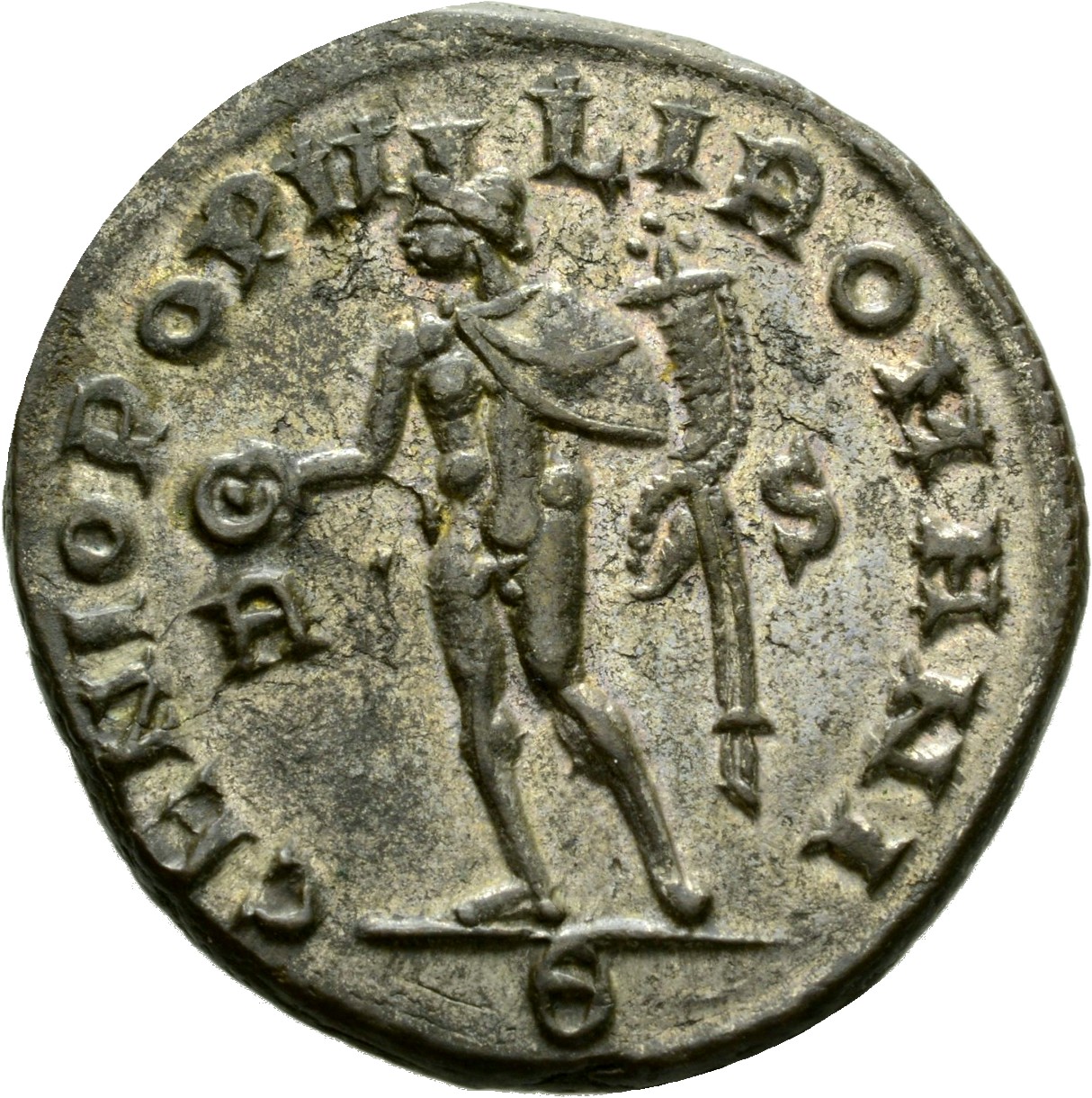 RIC VI Rome 73b Maximian reverse, Genius, wearing modius, nude, chlamys draped over left shoulder, standing left, holding ...