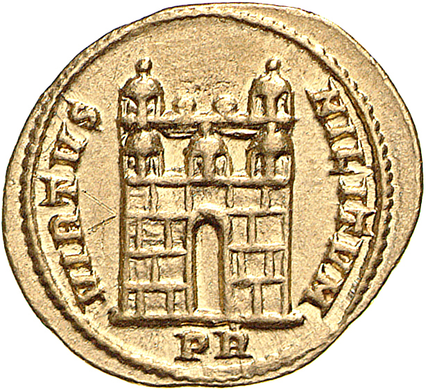 RIC VI Rome 7a Maximian reverse, Camp gate, doors open, three turrets in front; behind, two small turrets between two towers