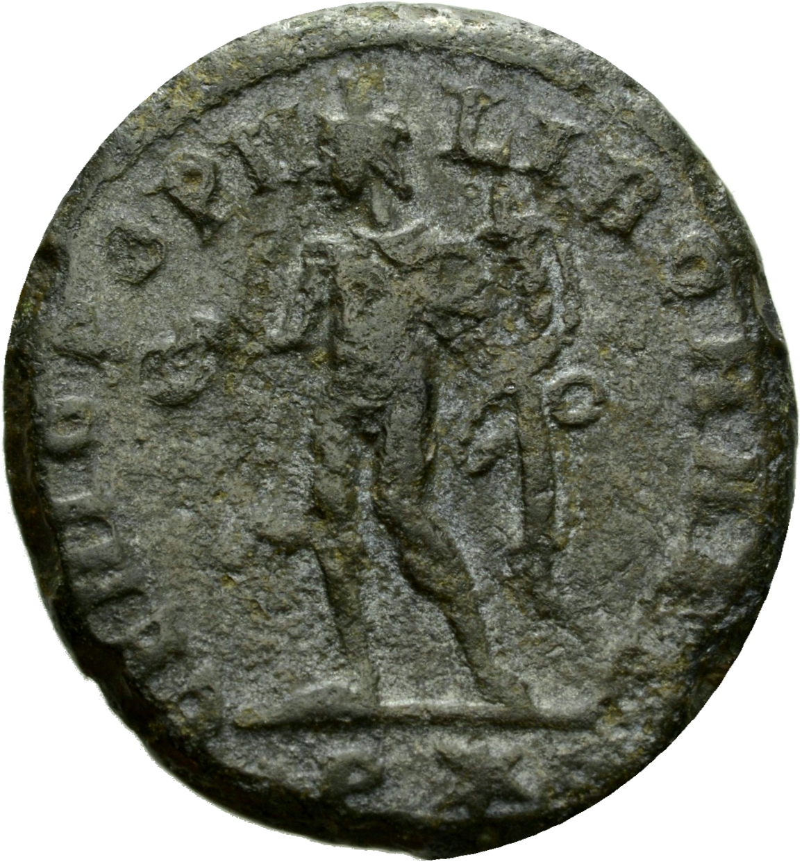 RIC VI Rome 94a Maximian reverse, Genius, wearing modius, nude, chlamys draped over left shoulder, standing left, holding ...