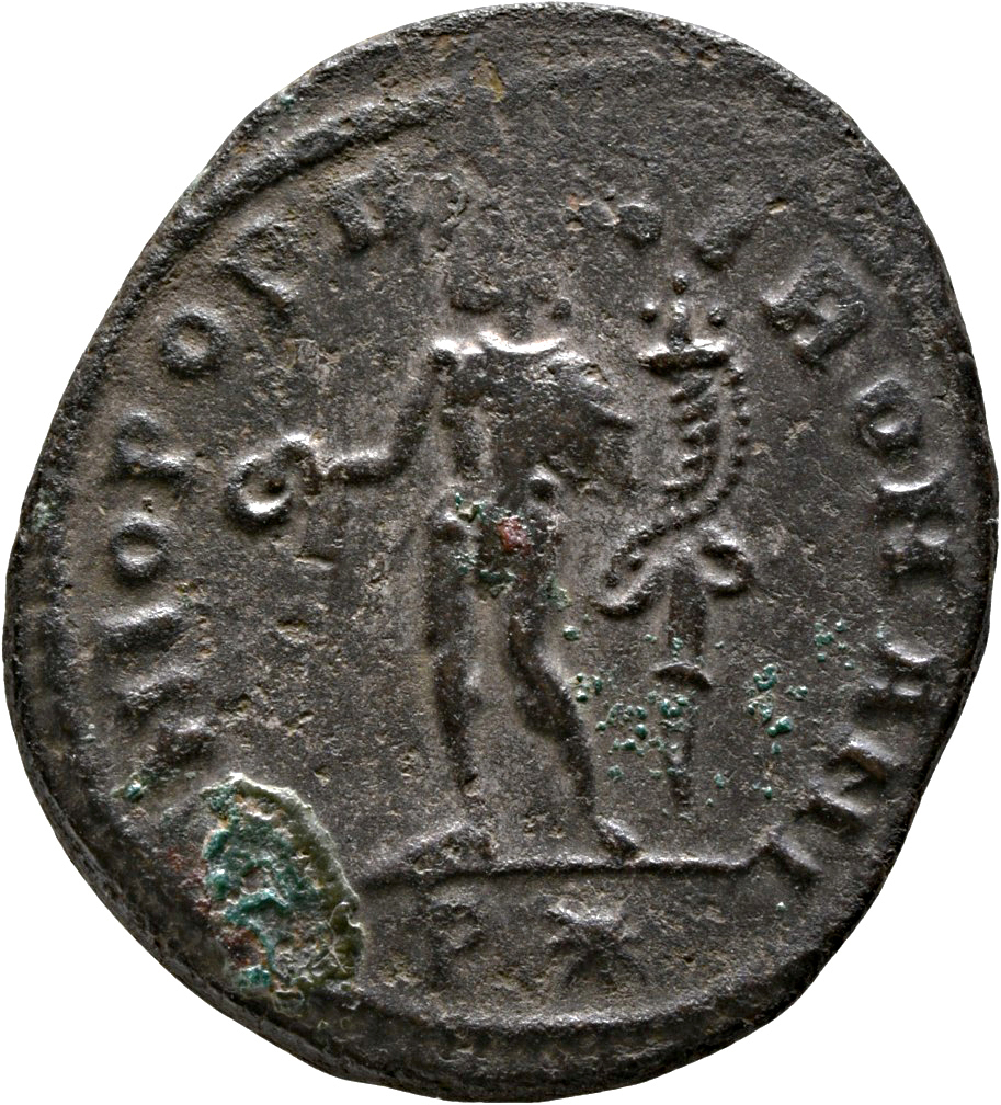 RIC VI Rome 94a Maximian reverse, Genius, wearing modius, nude, chlamys draped over left shoulder, standing left, holding ...