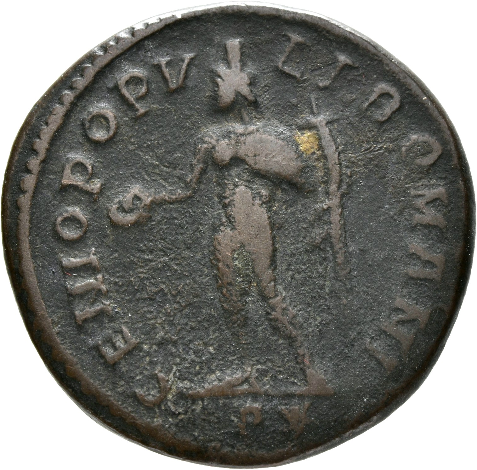RIC VI Rome 94b Maximian reverse, Genius, wearing modius, nude, chlamys draped over left shoulder, standing left, holding ...
