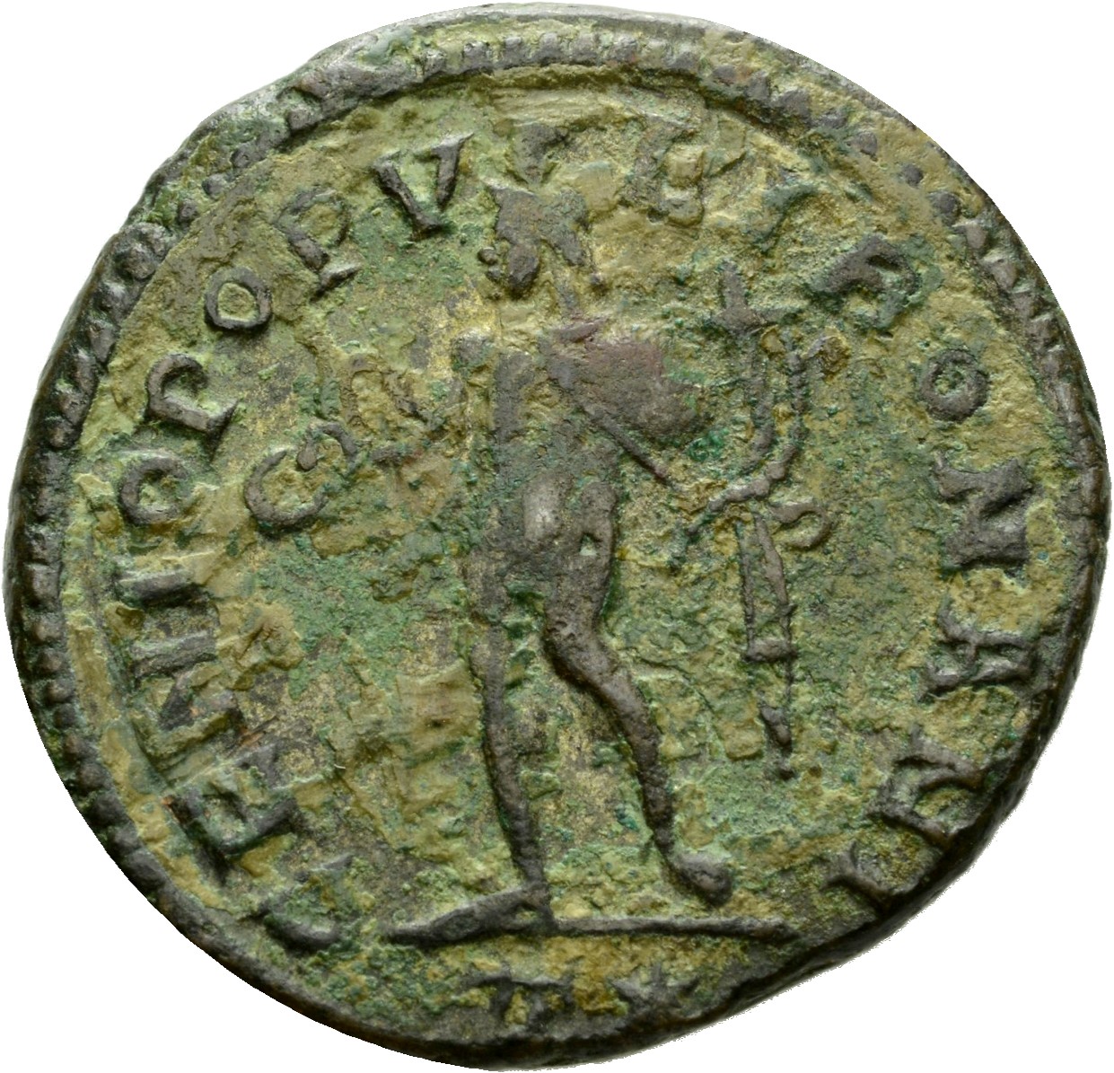 RIC VI Rome 95a Maximian reverse, Genius, wearing modius, nude, chlamys draped over left shoulder, standing left, holding ...
