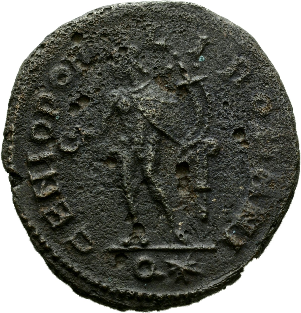 RIC VI Rome 95b Maximian reverse, Genius, wearing modius, nude, chlamys draped over left shoulder, standing left, holding ...