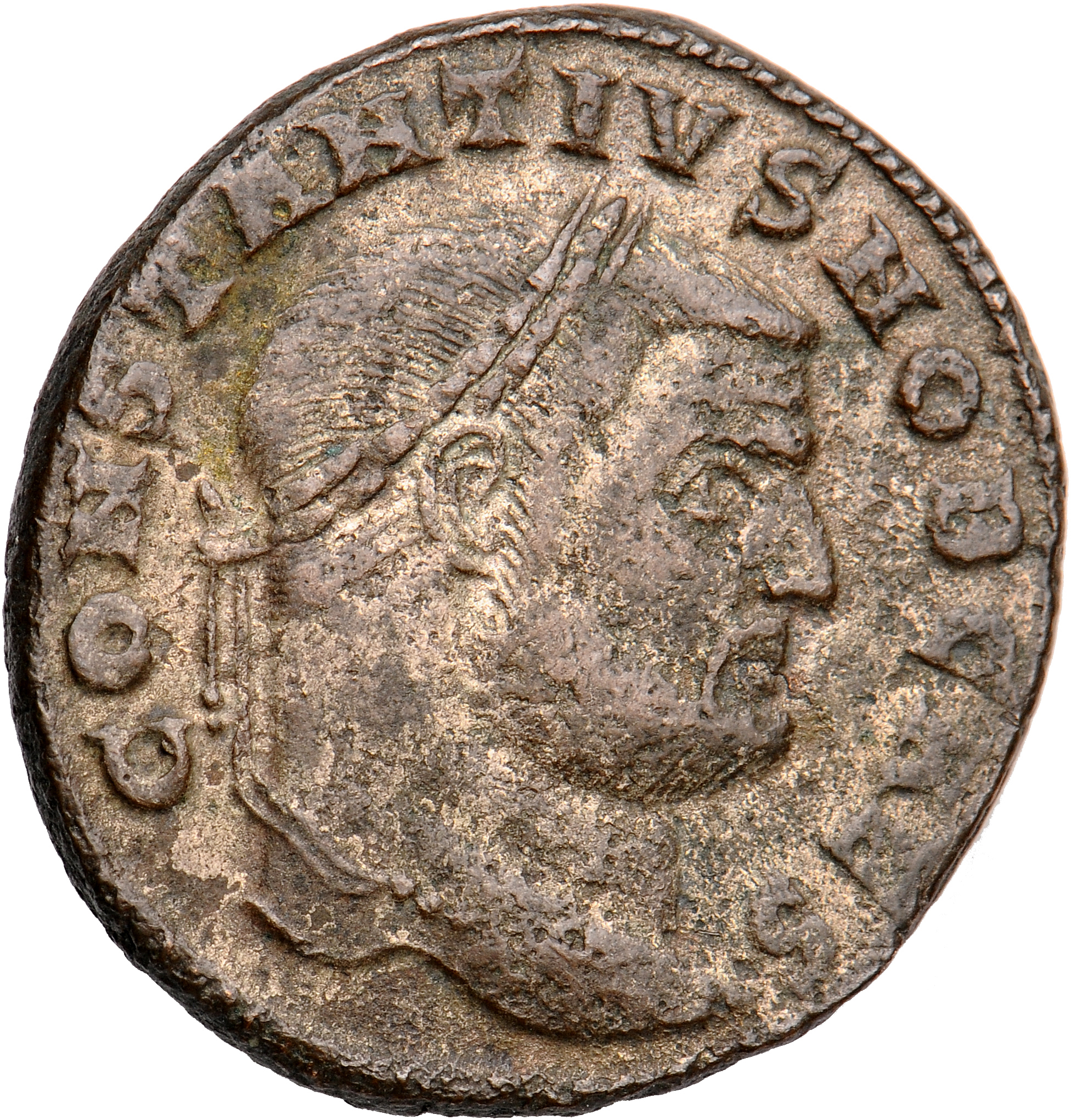 RIC VI Rome 99a Maximian obverse, Head of Constantius Chlorus, laureate, right
