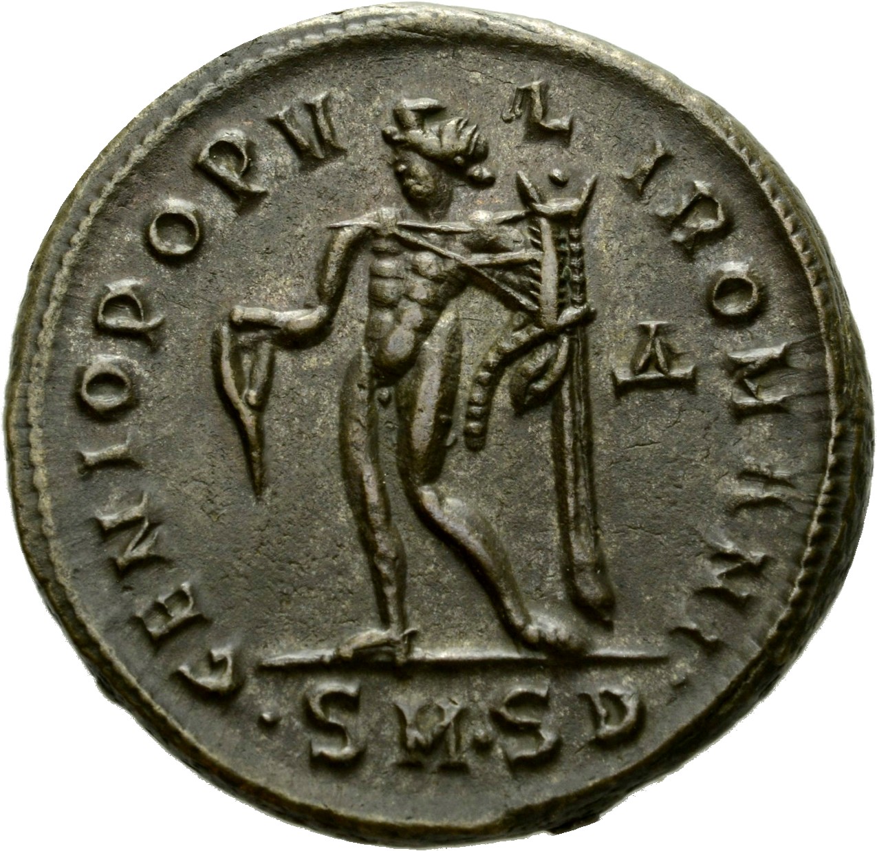 RIC VI Serdica 12a Galerius reverse, Genius, wearing modius, nude, chlamys draped over left shoulder, standing left, pouri...