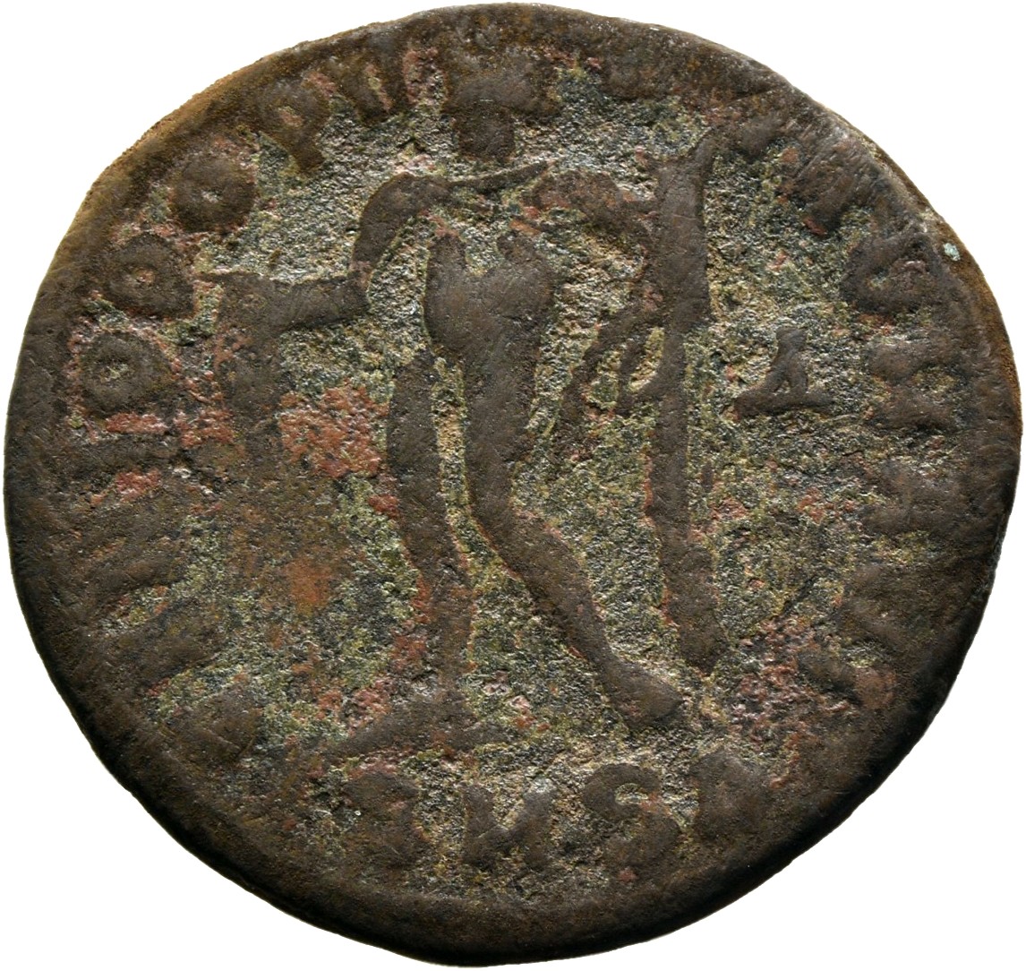 RIC VI Serdica 12b Galerius reverse, Genius, wearing modius, nude, chlamys draped over left shoulder, standing left, pouri...