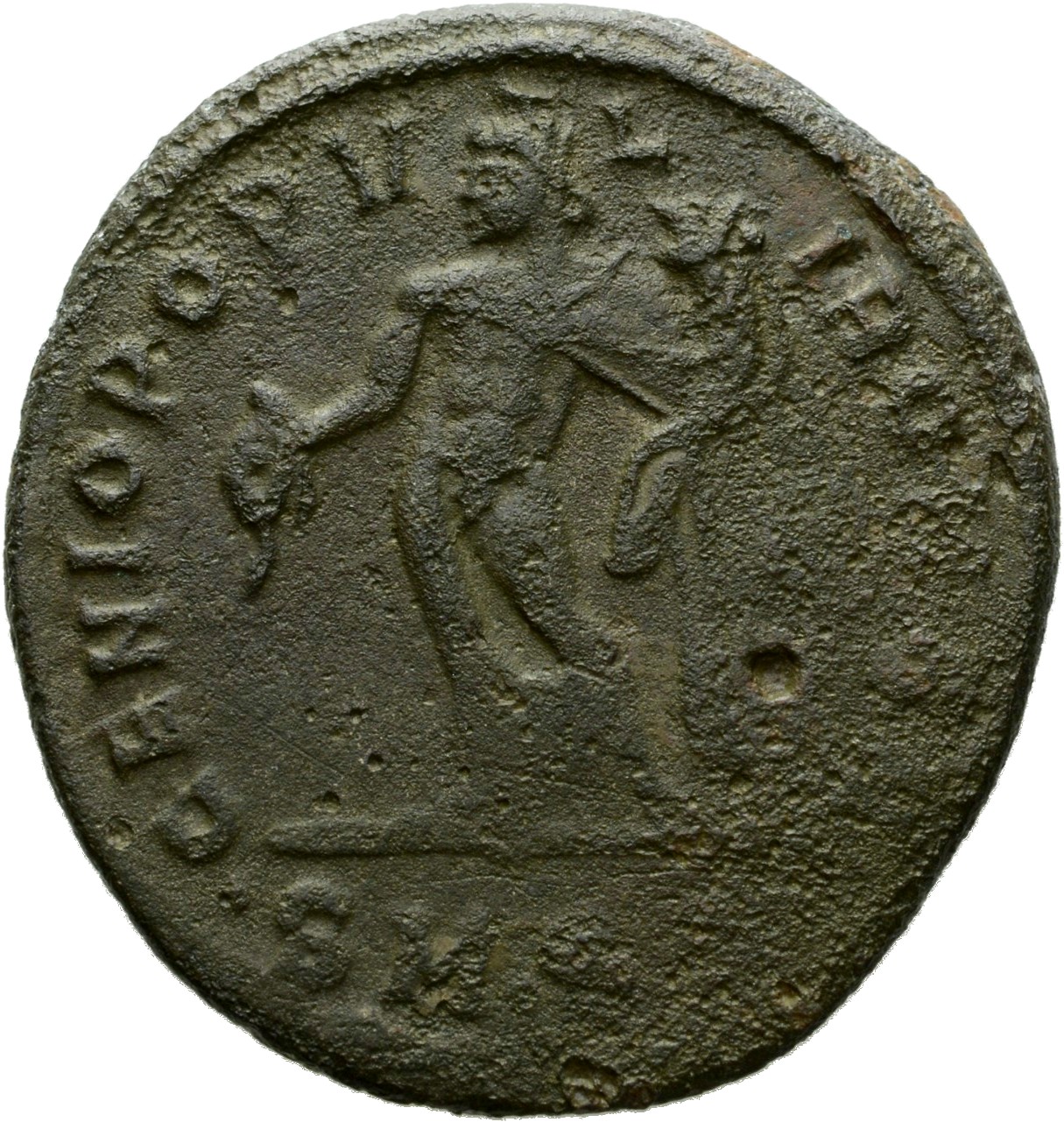 RIC VI Serdica 13a Galerius reverse, Genius, wearing modius, nude, chlamys draped over left shoulder, standing left, pouri...