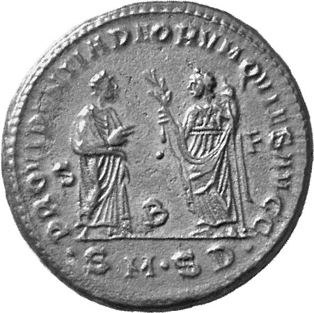 RIC VI Serdica 14a Galerius reverse, Providentia, draped, standing right, extending right hand to Quies; Quies, draped, st...