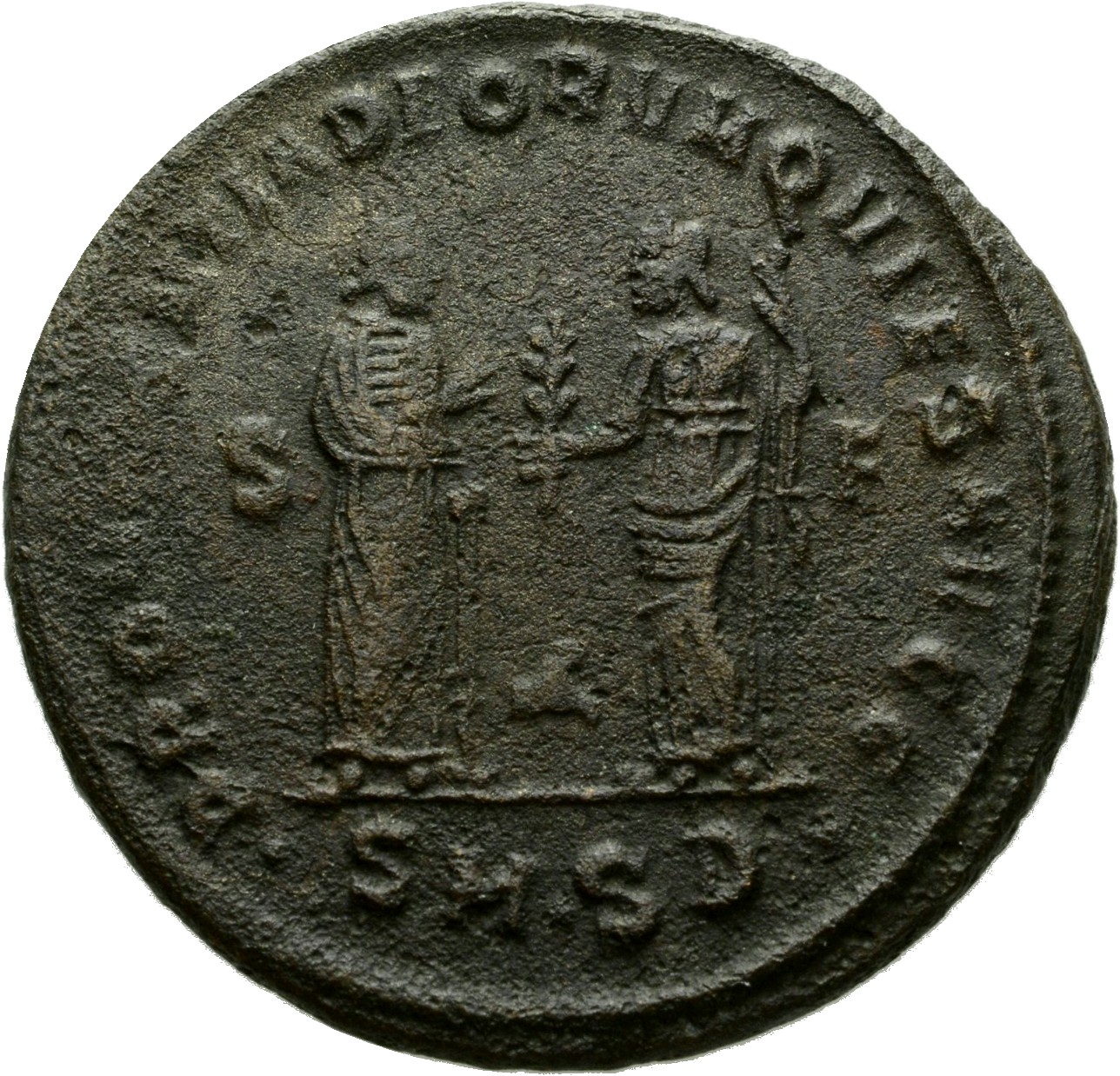 RIC VI Serdica 14a Galerius reverse — Providentia, draped, standing right, extending right hand to Quies; Quies, draped, s...