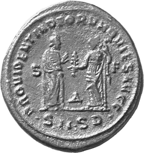 RIC VI Serdica 15a Galerius reverse, Providentia, draped, standing right, extending right hand to Quies; Quies, draped, st...