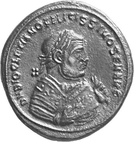 RIC VI Serdica 15a Galerius obverse, Bust of Diocletian, laureate, wearing imperial mantle, right, holding olive branch in...