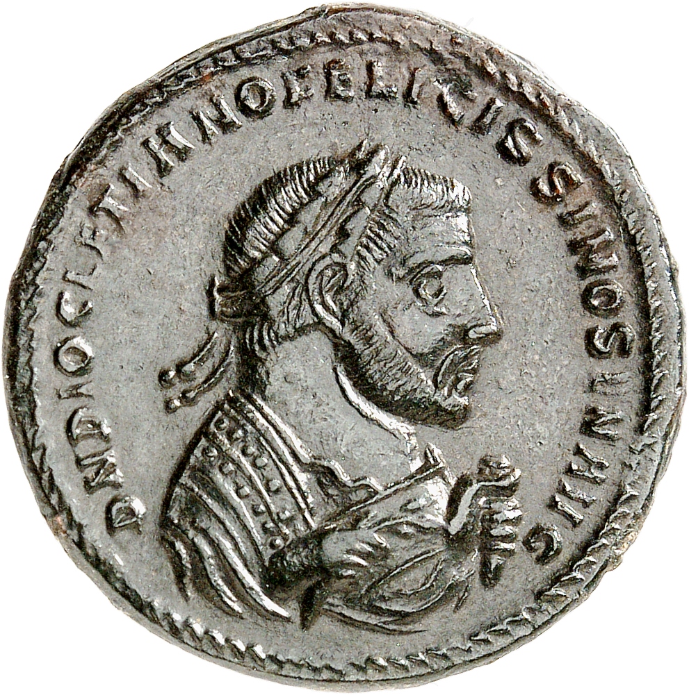 RIC VI Serdica 15a Galerius obverse — Bust of Diocletian, laureate, wearing imperial mantle, right, holding olive branch i...