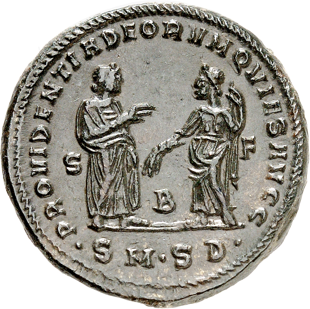 RIC VI Serdica 15a Galerius reverse — Providentia, draped, standing right, extending right hand to Quies; Quies, draped, s...