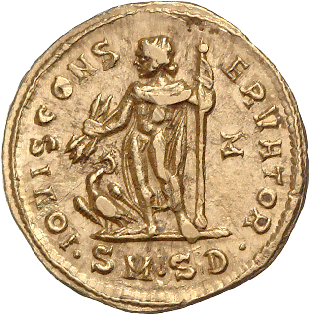 RIC VI Serdica 18a Galerius reverse, Jupiter, chlamys draped over left shoulder, standing left, holding thunderbolt in rig...