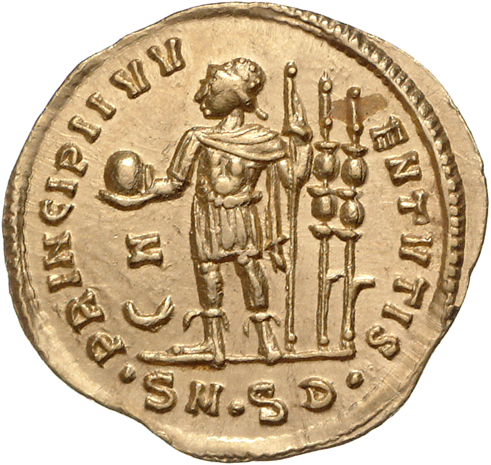 RIC VI Serdica 31 Galerius reverse, Maximinus Daia, draped, cuirassed, standing left, holding out globe right hand and lea...