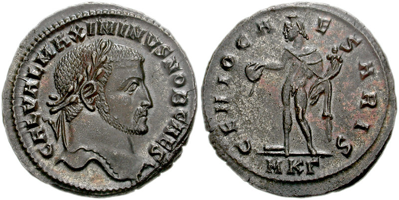 RIC VI Serdica 34 Galerius reverse, Venus, draped, standing front, head left, holding up apple with right hand, raising dr...