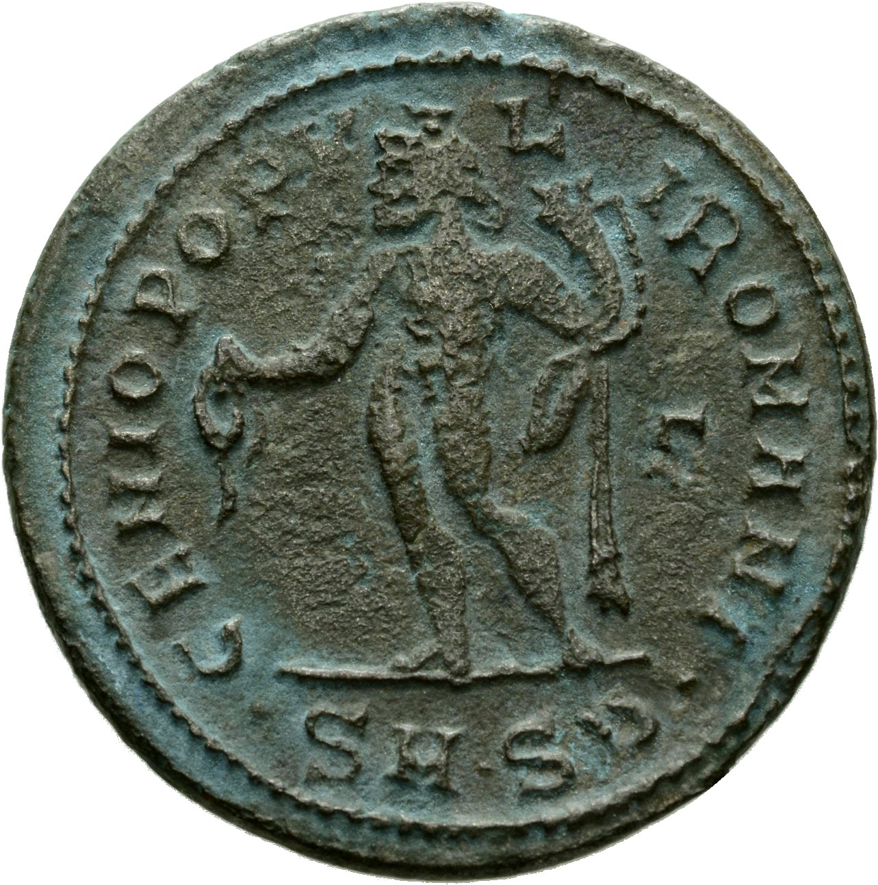 RIC VI Serdica 3b Diocletian reverse, Genius, wearing modius, nude, chlamys draped over left shoulder, standing left, pour...
