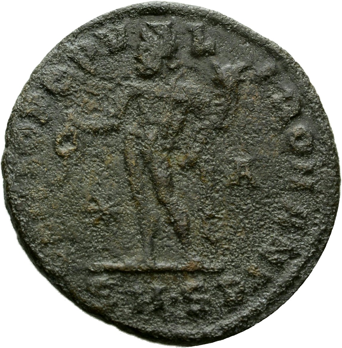 RIC VI Serdica 40 Galerius reverse, Genius, wearing modius, nude, chlamys draped over left shoulder, standing left, pourin...