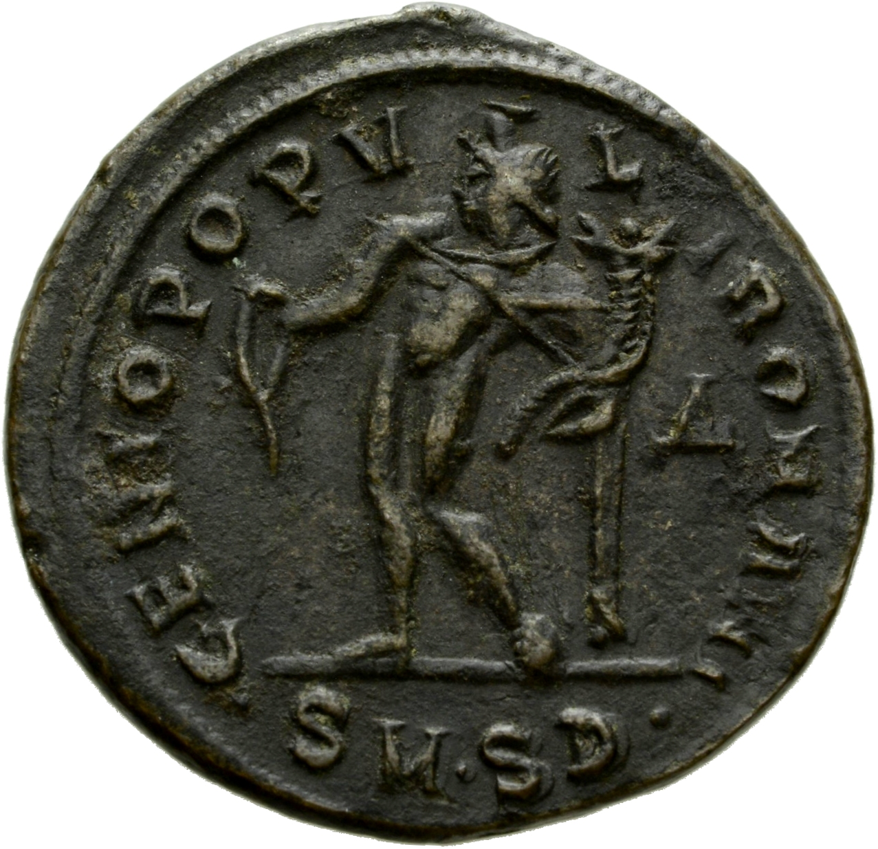 RIC VI Serdica 4a Diocletian reverse, Genius, wearing modius, nude, chlamys draped over left shoulder, standing left, pour...