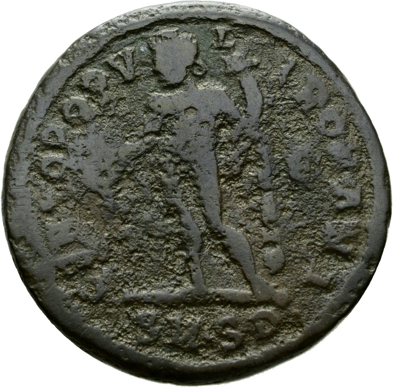 RIC VI Serdica 4b Diocletian reverse, Genius, wearing modius, nude, chlamys draped over left shoulder, standing left, pour...