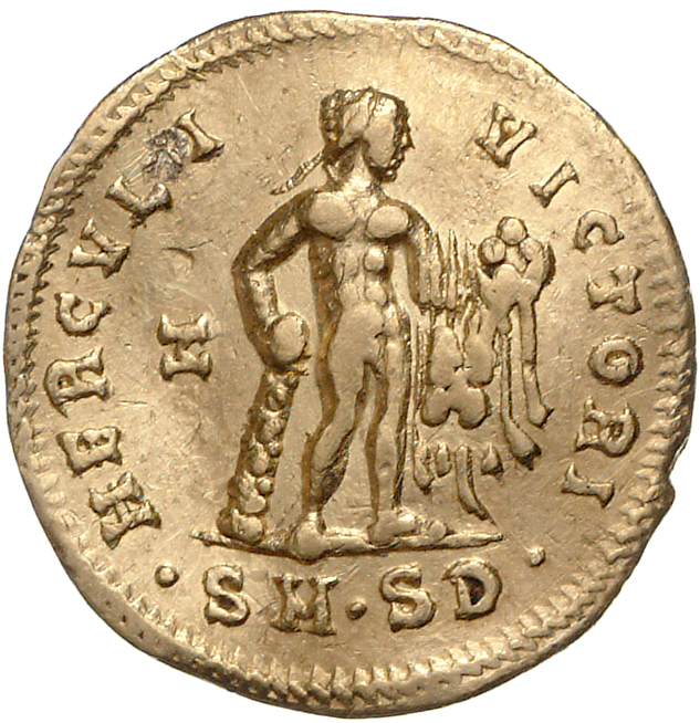 RIC VI Serdica 6b Galerius reverse, Hercules, standing right, leaning on club with right hand and holding up apple(s) and ...