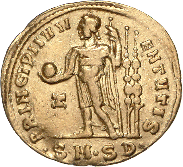 RIC VI Serdica 8b Galerius reverse, Maximinus Daia, draped, cuirassed, standing left, raising right hand and leaning on sc...