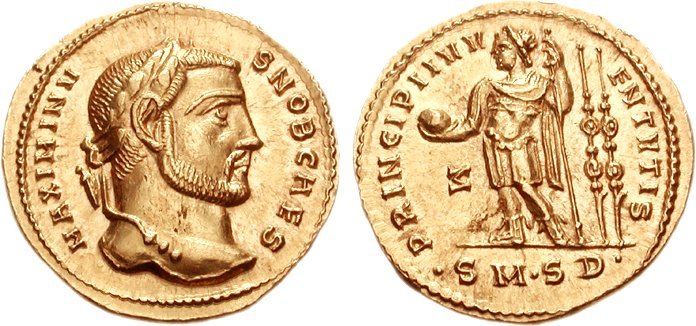 RIC VI Serdica 9b Galerius reverse, Maximinus Daia, draped, cuirassed, standing left, holding out globe right hand and lea...