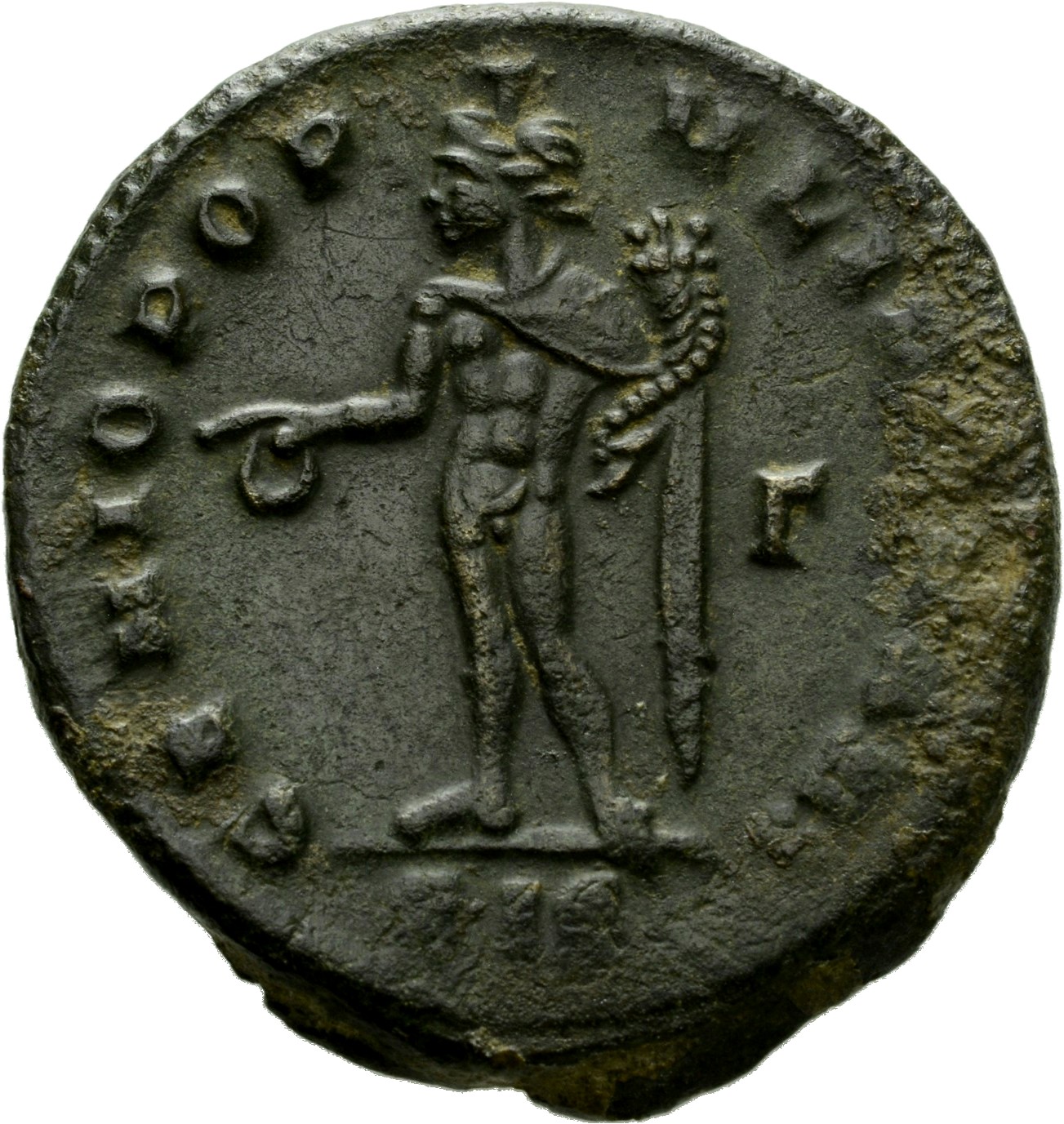 RIC VI Siscia 108a Maximian reverse, Genius, wearing modius, nude, chlamys draped over left shoulder, standing left, holdi...