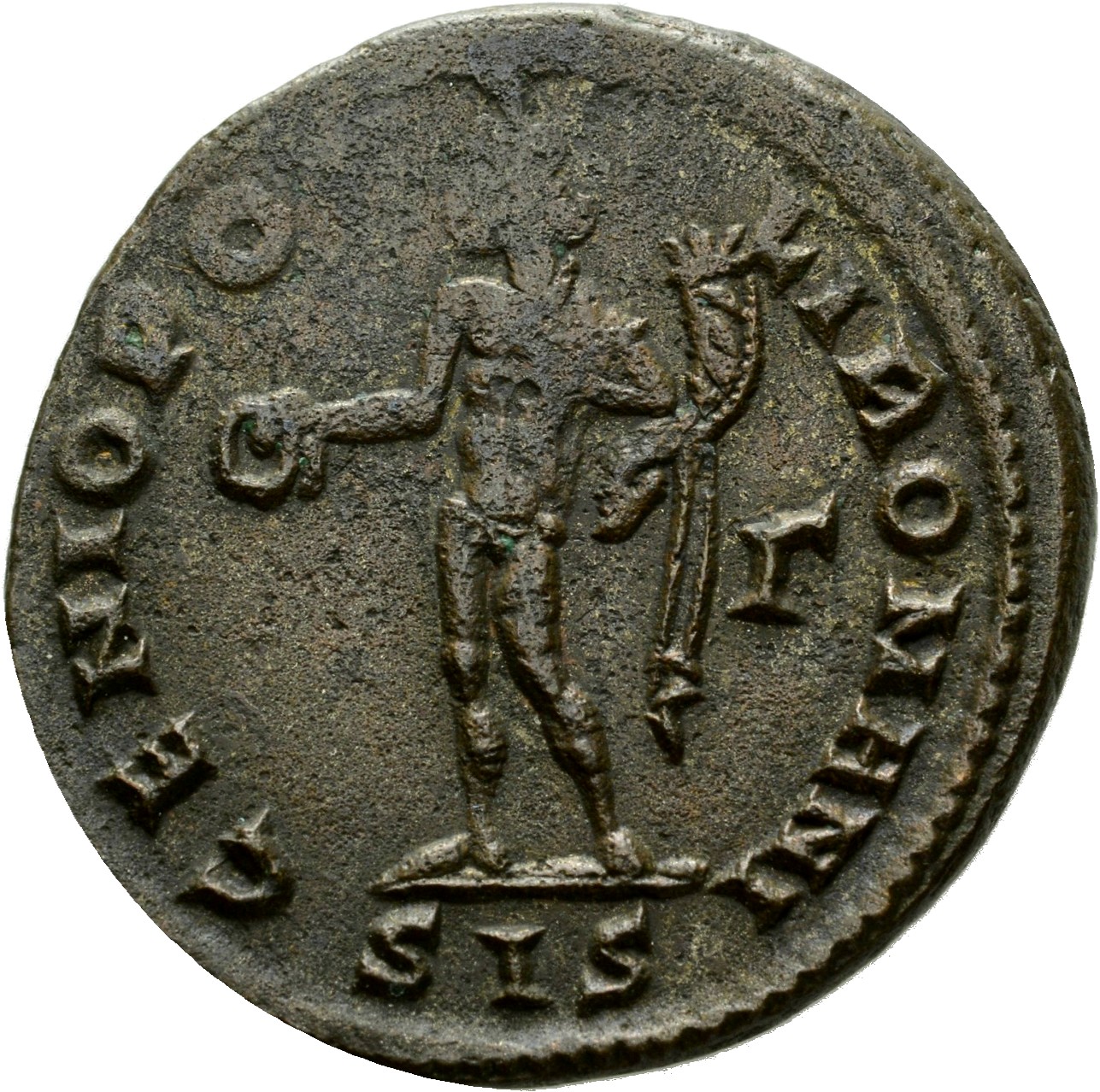 RIC VI Siscia 108b Maximian reverse, Genius, wearing modius, nude, chlamys draped over left shoulder, standing left, holdi...
