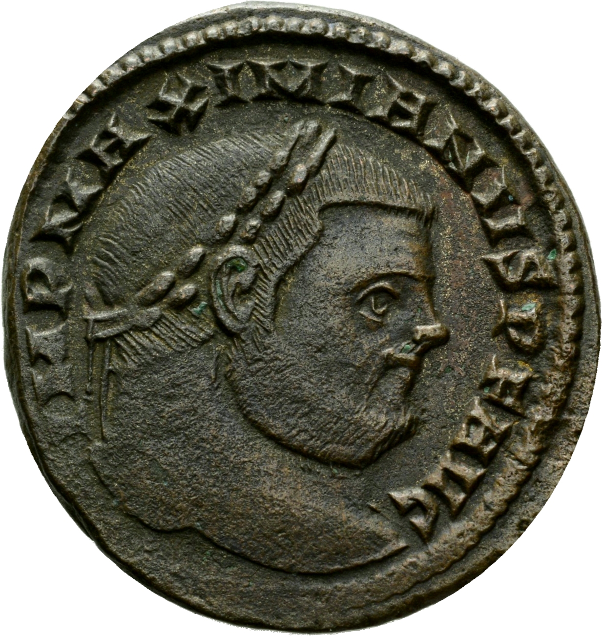 RIC VI Siscia 108b Maximian obverse, Head of Maximian, laureate, right