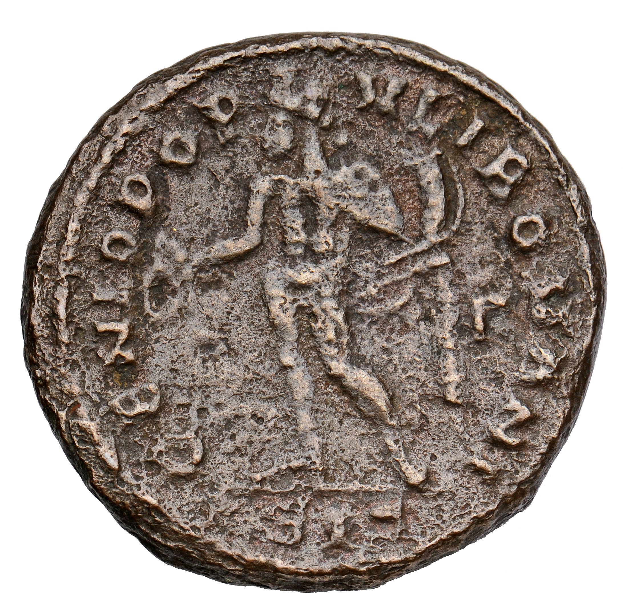 RIC VI Siscia 109a Maximian reverse, Genius, wearing modius, nude, chlamys draped over left shoulder, standing left, holdi...