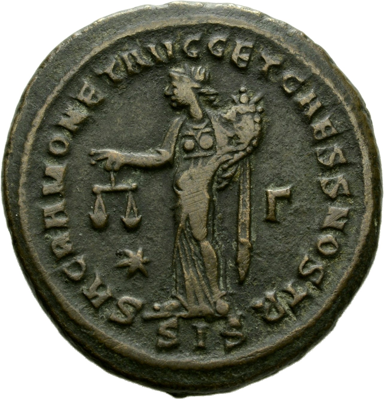 RIC VI Siscia 134b Maximian reverse, Moneta, draped, standing left, holding scales in right hand and cornucopiae in left hand