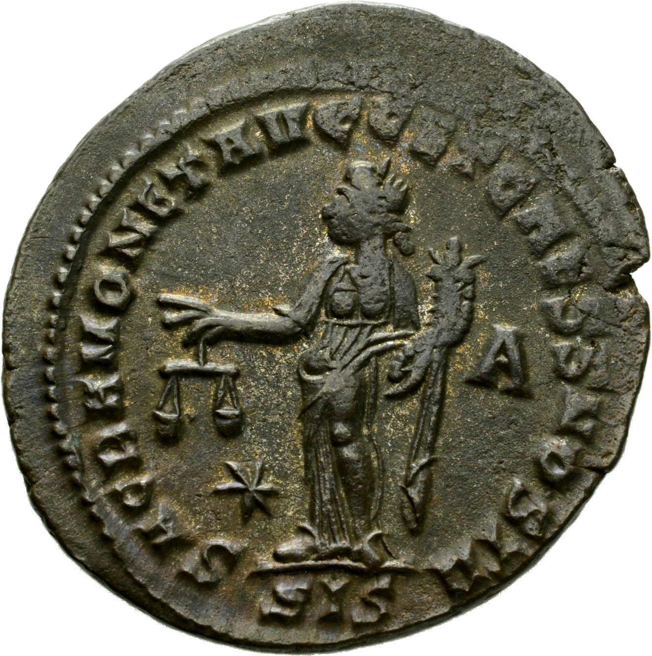 RIC VI Siscia 134b Maximian reverse, Moneta, draped, standing left, holding scales in right hand and cornucopiae in left hand