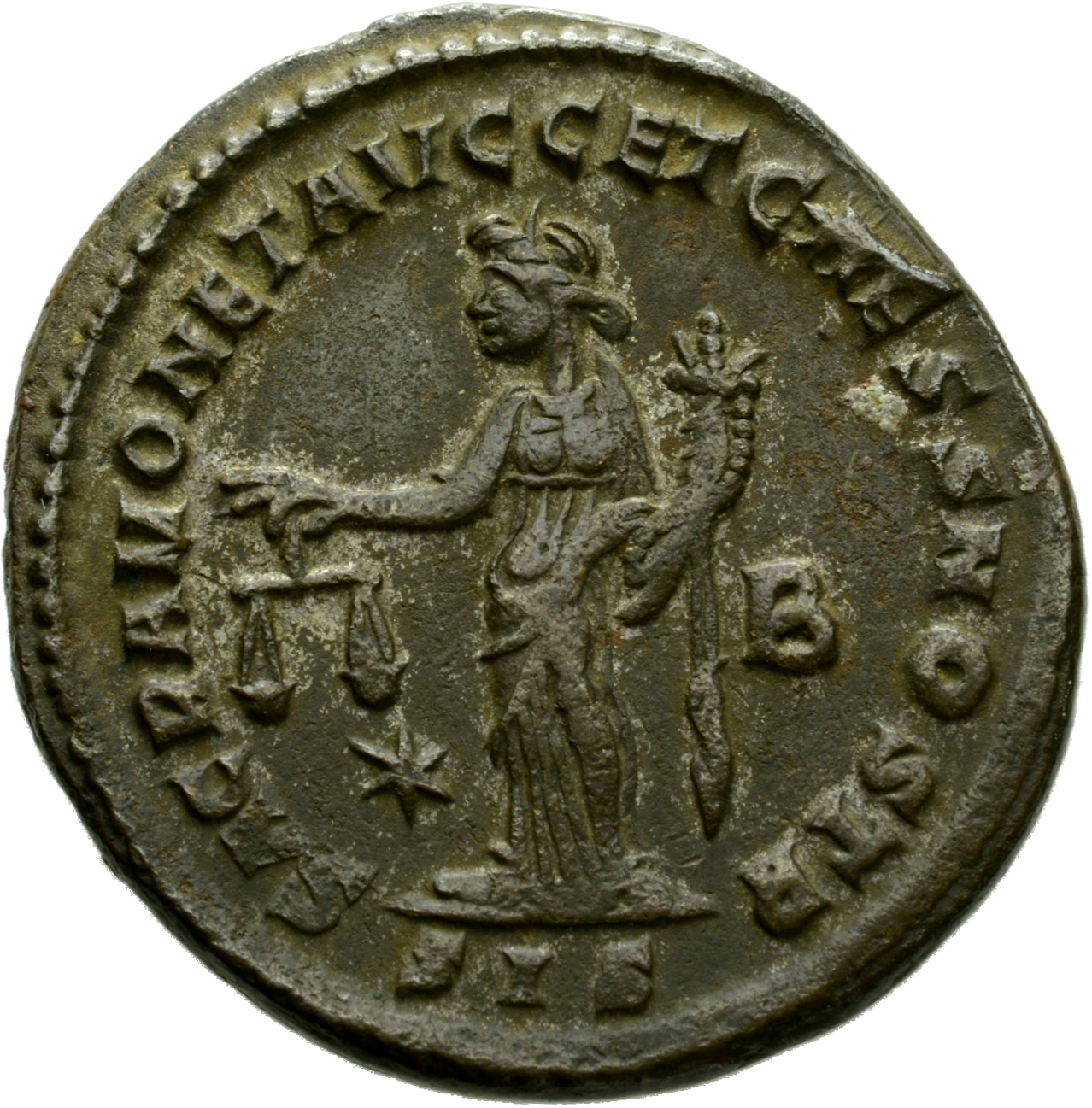 RIC VI Siscia 135b Maximian reverse, Moneta, draped, standing left, holding scales in right hand and cornucopiae in left hand