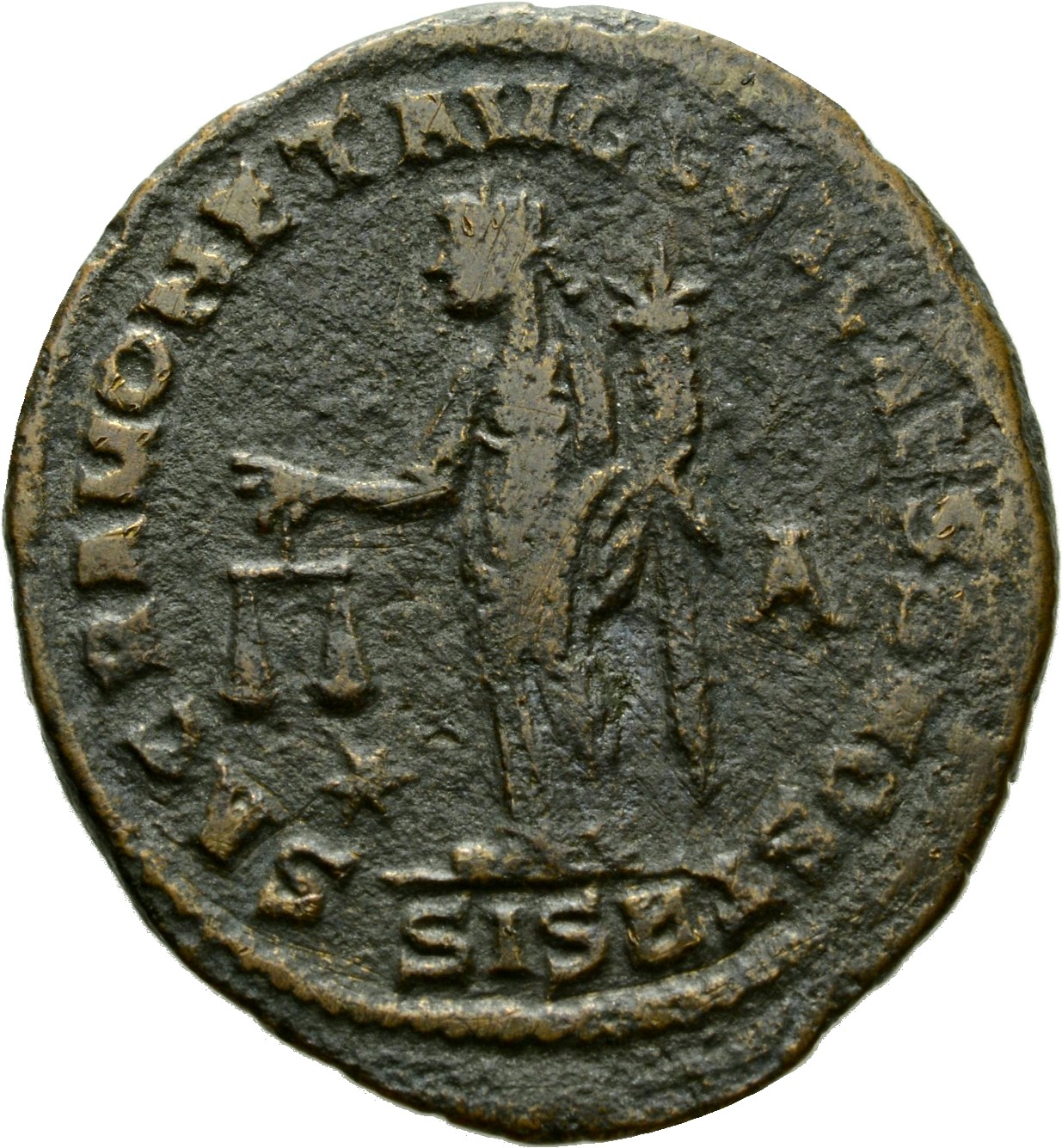RIC VI Siscia 135b Maximian reverse, Moneta, draped, standing left, holding scales in right hand and cornucopiae in left hand