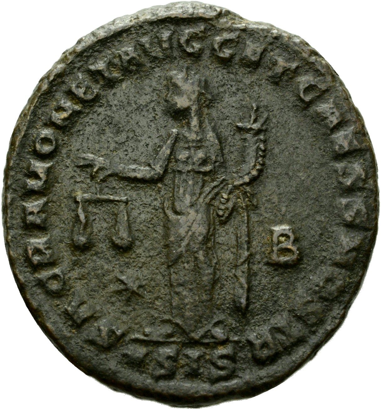 RIC VI Siscia 136a Maximian reverse, Moneta, draped, standing left, holding scales in right hand and cornucopiae in left hand