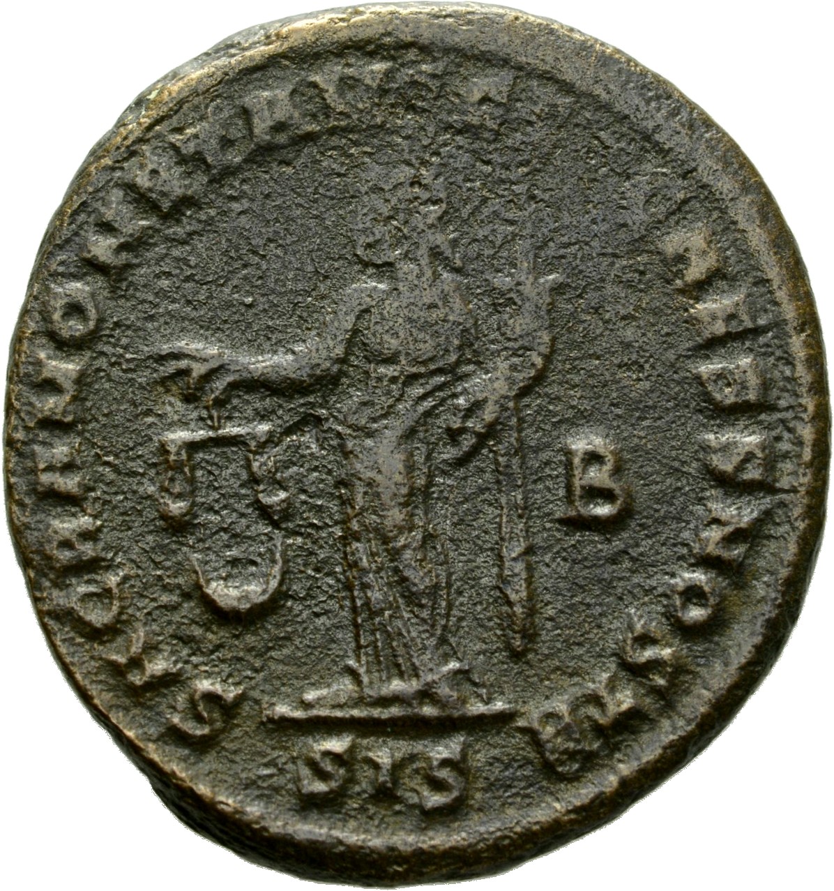 RIC VI Siscia 140b Maximian reverse, Moneta, draped, standing left, holding scales in right hand and cornucopiae in left hand