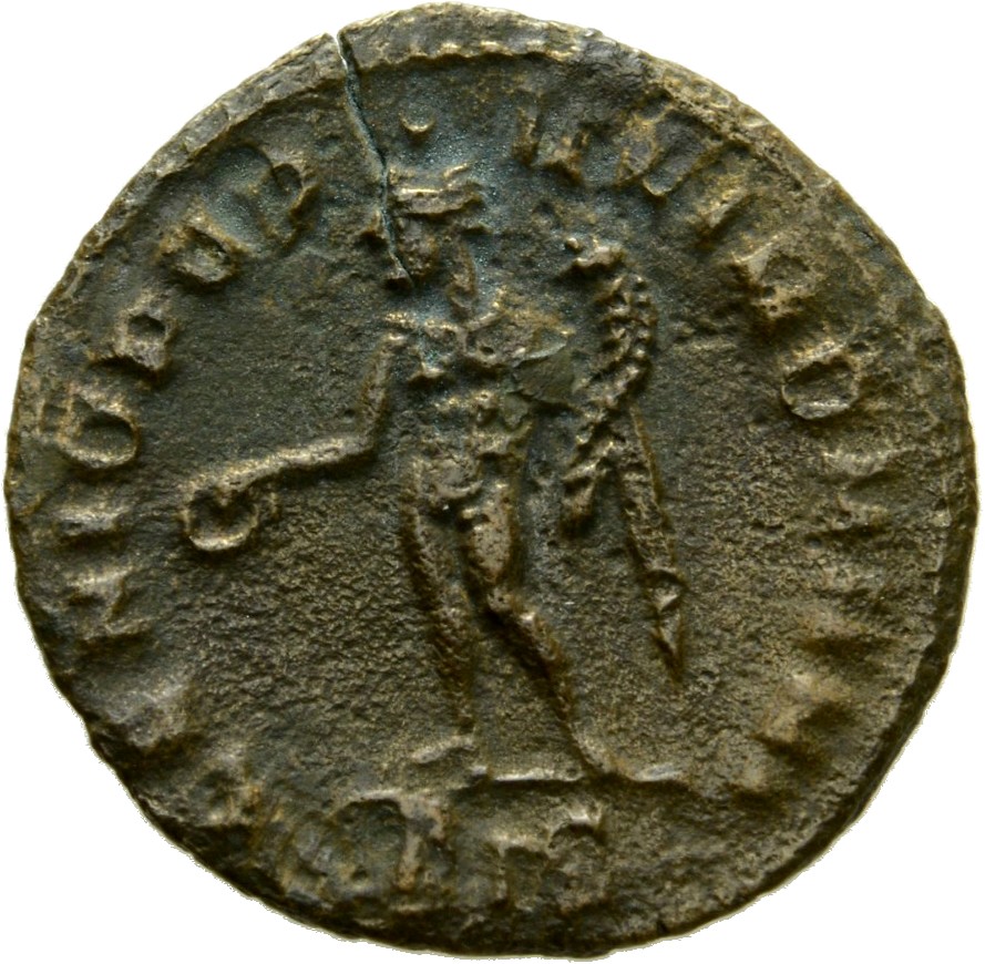 RIC VI Siscia 146 Maximian reverse, Genius, wearing modius, nude, chlamys draped over left shoulder, standing left, holdin...
