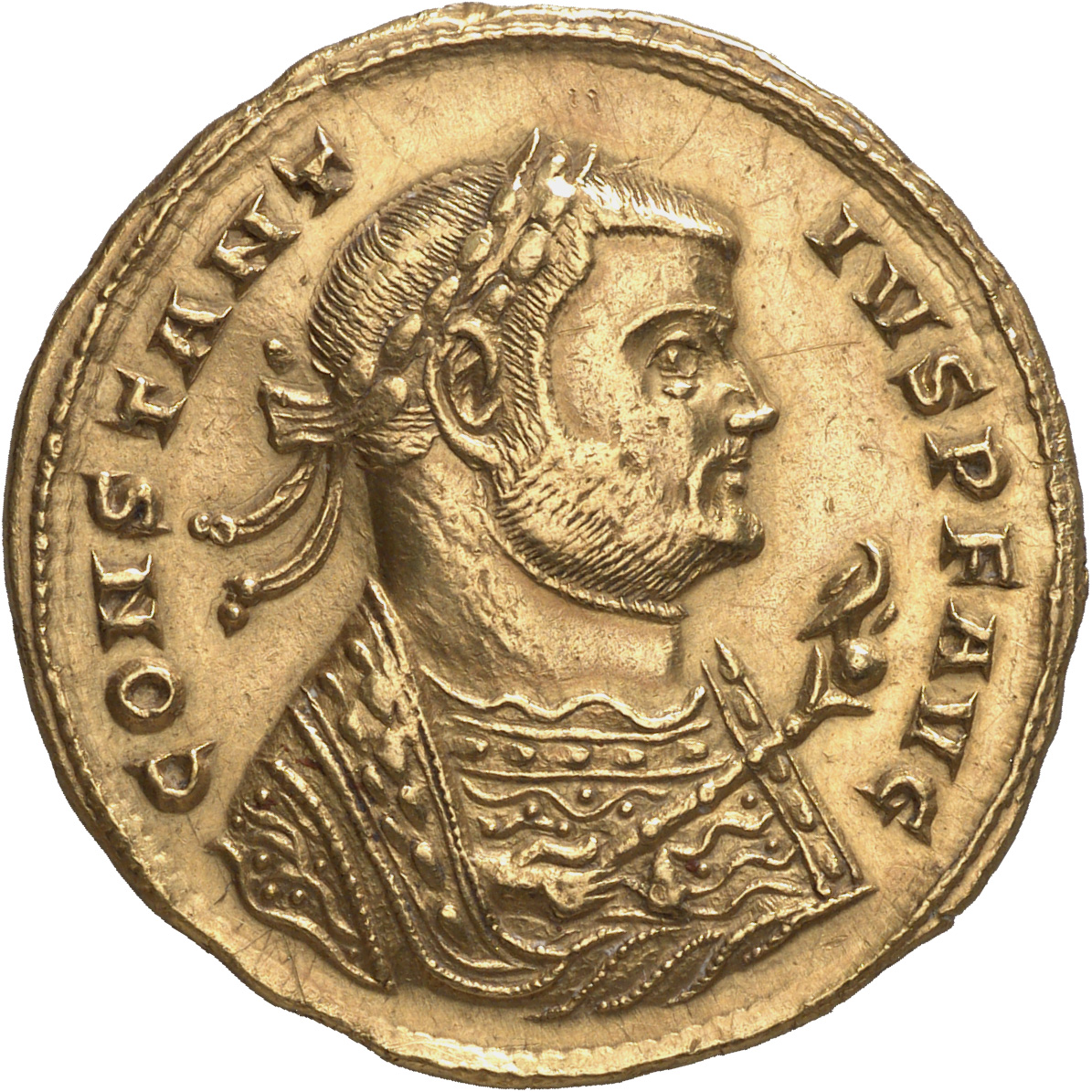 RIC VI Siscia 148 Constantius Chlorus obverse, Bust of Constantius Chlorus, laureate, wearing imperial mantle, right, hold...