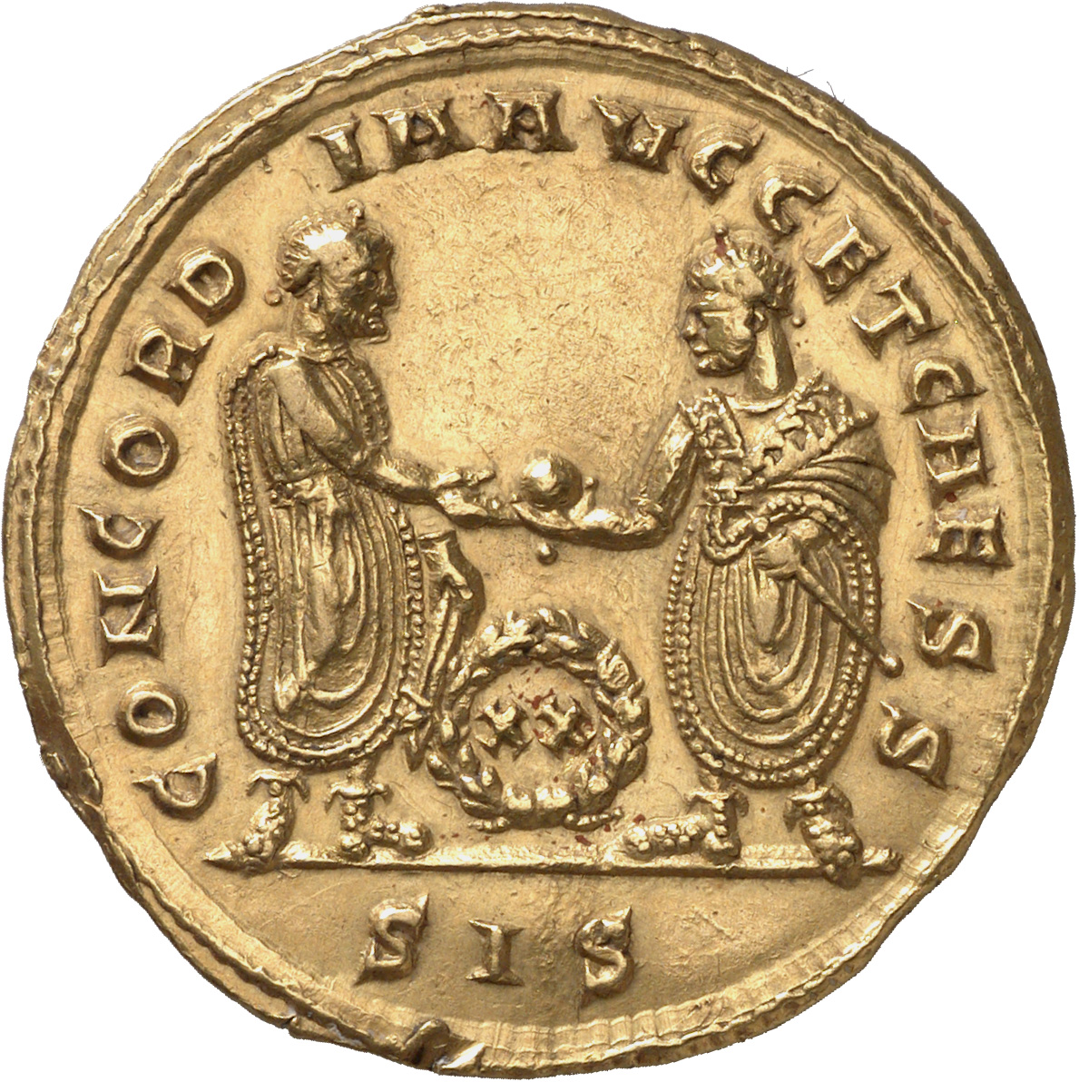 RIC VI Siscia 148 Constantius Chlorus reverse, An Augustus (larger) and Caesar (smaller), laureate, togate, standing facin...